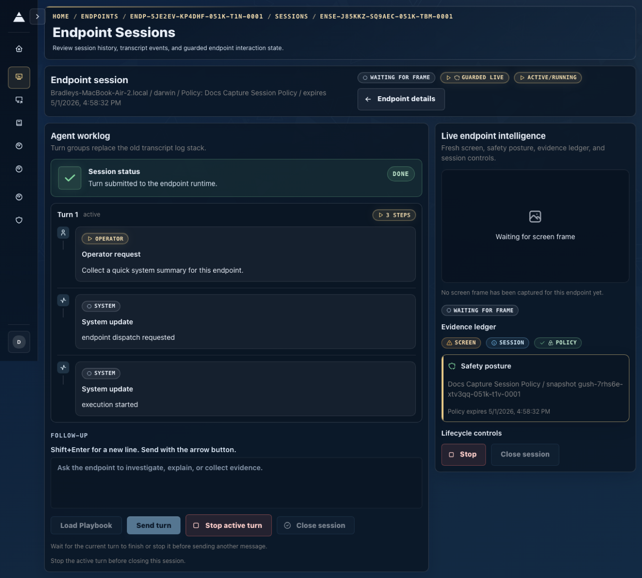 A screenshot of Pharaoh showing an active endpoint session and agent worklog